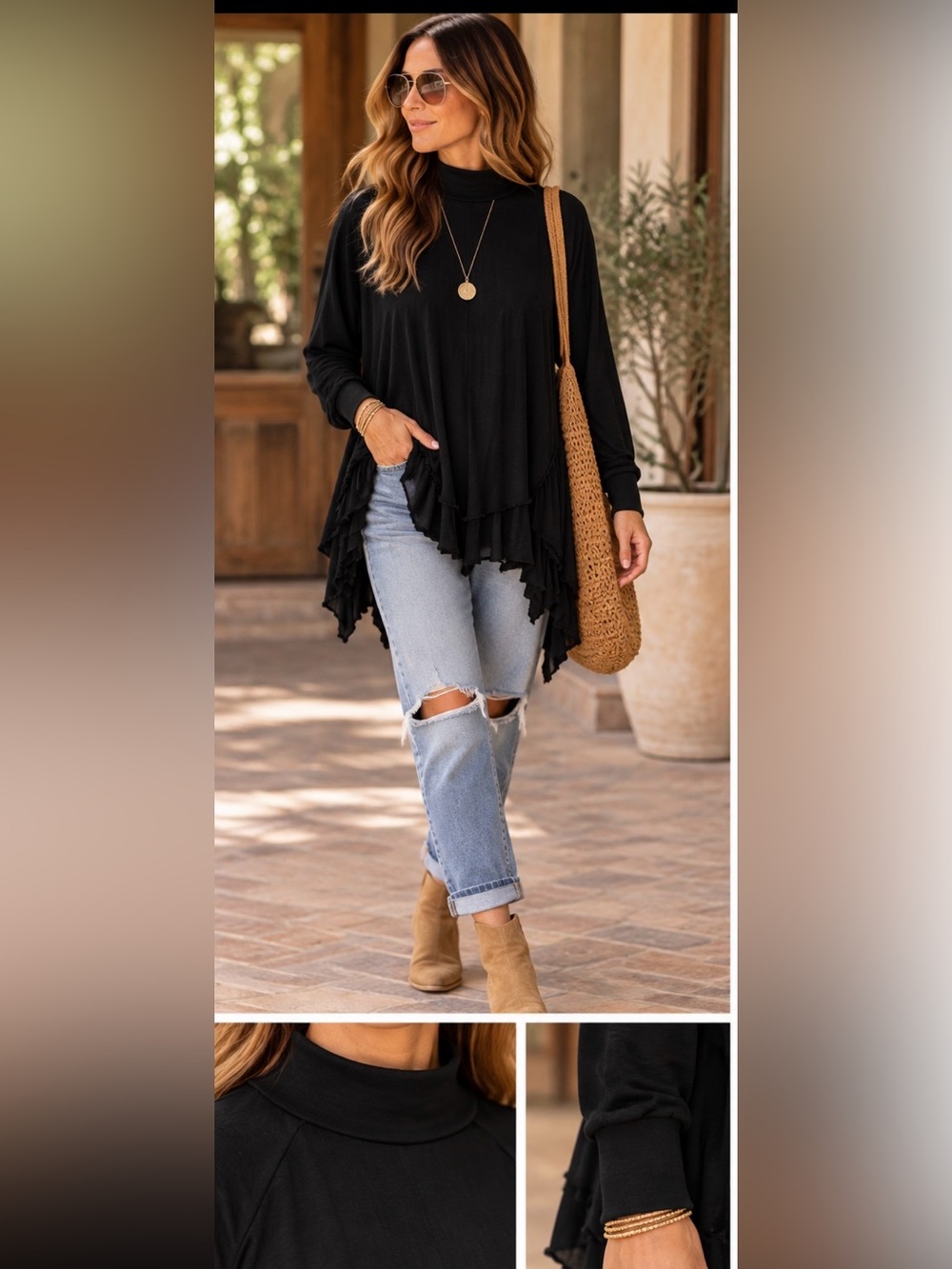 We the Free Women's Black High-Low Ruffle HemTunic